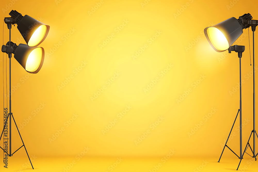 Poster bright yellow background with three spotlights shining down creating a stage effect for presentation