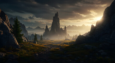 Dramatic Mountain Landscape with Towering Peaks and Golden Sunlight at Dusk