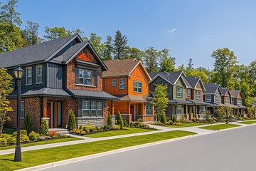New suburban homes with traditional brick and wood construction, front yards, green lawns, and trees, in a peaceful Toronto neighborhood.