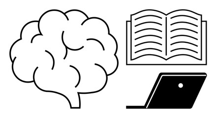 Brain, open book, and laptop outline imply cognitive development, study habits, and modern digital education. Ideal for education, e-learning, knowledge dissemination, innovation cognitive science