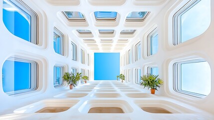 Modern White Architecture Interior with Skylights and Plants Bright and Airy Design