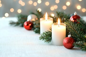 A cozy Christmas scene featuring lit candles, festive ornaments, and evergreen branches, creating a warm, inviting atmosphere.