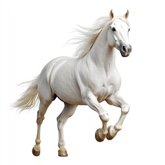 Fototapeta premium A majestic white stallion trotting, silky mane flowing, studio lighting, dynamic pose, white background 