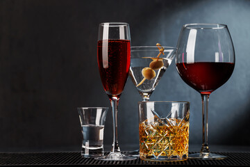 Whiskey, wine, cocktail and champagne drinks