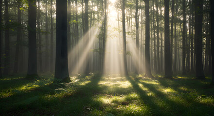 Obraz premium Sun Rays Shining Through Tall Trees in a Forest Scene