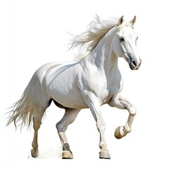 Obraz premium A majestic white stallion trotting, silky mane flowing, studio lighting, dynamic pose, white background 