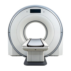 Medical imaging equipment with a circular design and examination table.