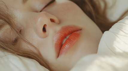 Fototapeta premium Delicate features evoke tranquility, as soft light caresses her lips and nose in a calm setting Generative AI