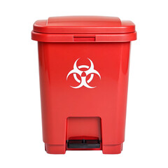 Red biohazard waste bin for safe disposal of hazardous materials.