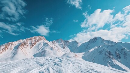 Naklejka premium Majestic Snowy Mountains: A panoramic view of a towering mountain range blanketed in fresh snow under a bright, cloud-dotted blue sky.