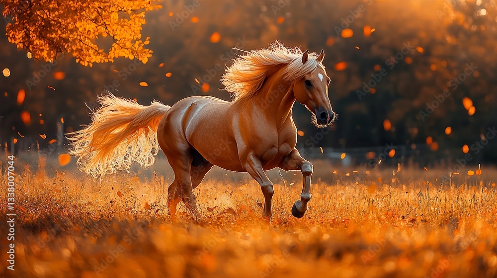 Poster a mesmerizing image of a russian golden horse galloping through an open field, its elegant form high