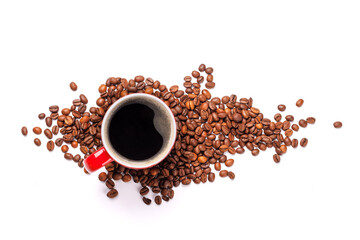 A steaming cup of freshly brewed coffee surrounded by rich, aromatic roasted coffee beans