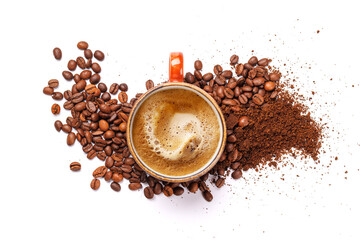 A steaming cup of freshly brewed coffee surrounded by rich, aromatic roasted coffee beans