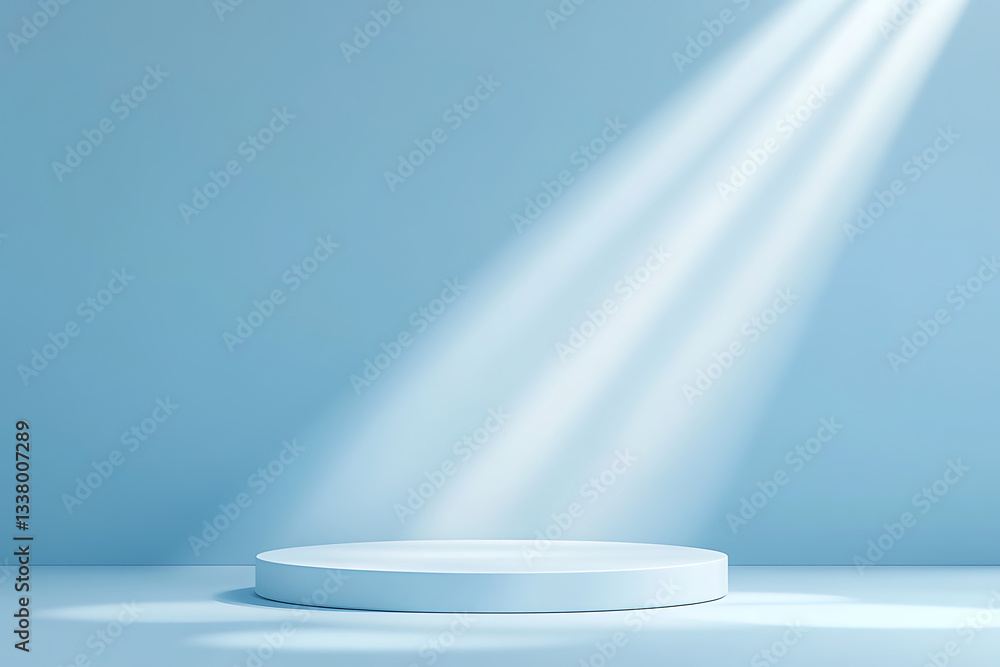 Poster blue themed podium setup with a minimalistic background and soft lighting for professional product d