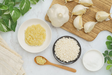 日本の食べ物｜にんにく麹と材料(にんにく・米麹・塩)｜白い大理石の背景