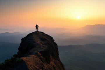 A hiker stands triumphantly on a rocky peak, silhouetted against a breathtaking sunrise, surrounded by vast mountain landscapes.