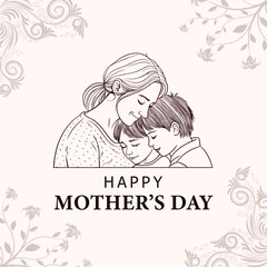 Happy Mother's Day, Loving Mother And Child Line Art, Vector Illustration for Holiday Celebrations, Mother’s Day Background With Text, Gifts for Mother