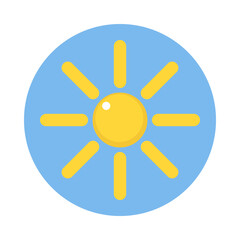 Yellow sun in a blue round sign  isolated on a white background. Flat style. Vector illustration and color icon of weather.
