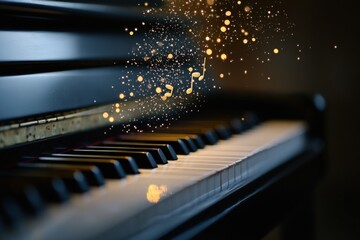 Piano keys with musical notes