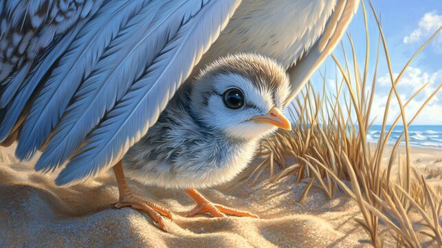 Piping Plover Chick Under Mother Wing in Heartwarming Guard Scene on Sandy Shore - Powered by Adobe