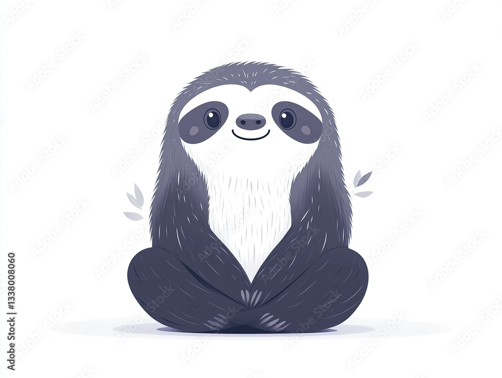 Poster a minimalist vector sloth sitting peacefully with a happy expression, its soft curves and simple lin