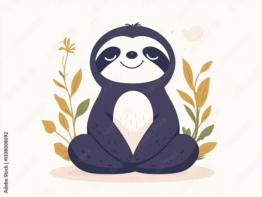 Poster a minimalist vector sloth sitting peacefully with a happy expression, its soft curves and simple lin