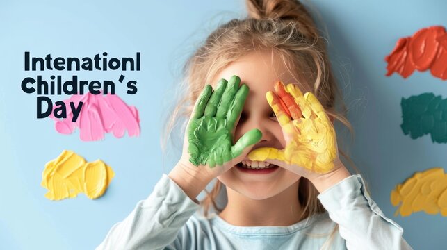 Happy Child Celebrating International Children’s Day with Colorful Handprints on Blue Background - Powered by Adobe