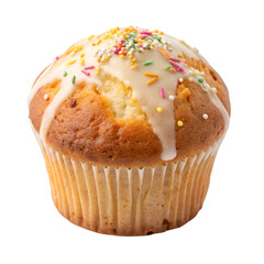 Tasty muffin cake top view isolated on white background