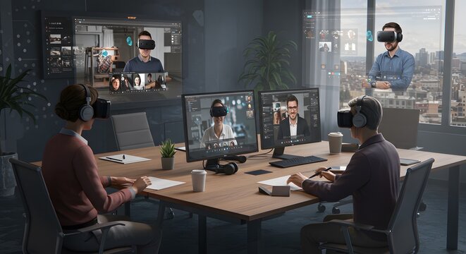 Virtual reality business meeting modern office collaboration team vr work desk group future global