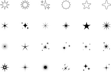 Minimalist silhouette stars icon set, twinkle shining star shape symbols, icons, elements. Modern geometric sparkle black silhouettes sign