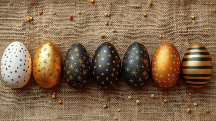 A background with golden, black, and white Easter eggs arranged in a horizontal line on the right side of an ocher-colored knitted fabric. The pattern is made up of stripes, dots
