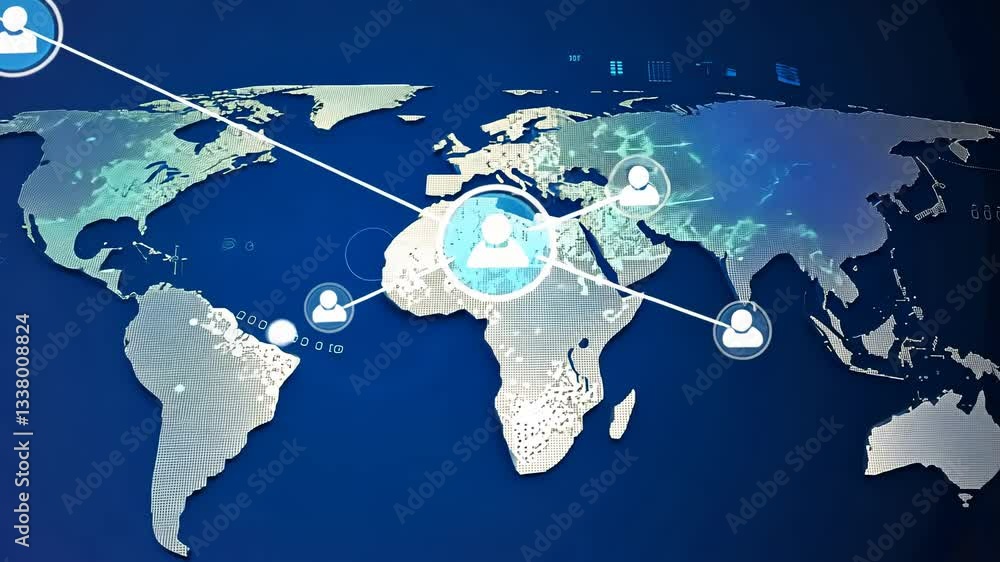 Poster global network of people connected worldwide. interactive map showing international communication an