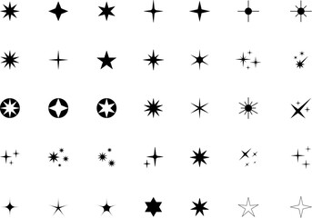 Minimalist silhouette stars icon set, twinkle shining star shape symbols, icons, elements. Modern geometric sparkle black silhouettes sign