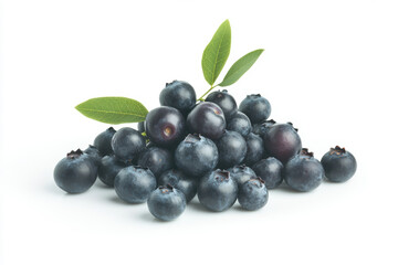 Fototapeta premium Fresh blueberries with green leaves on white background creating a natural and healthy presentation