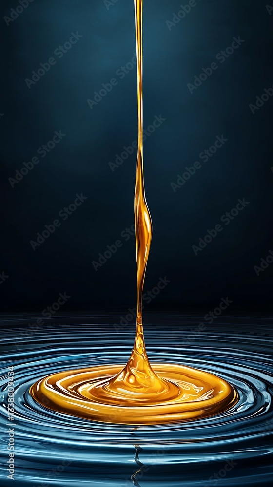 Poster golden liquid flowing and creating ripples on a dark background, showcasing a smooth and glossy text