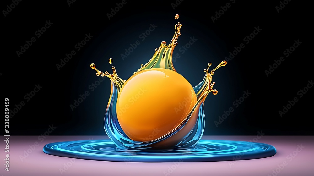 Poster a vibrant orange sphere splashes into a pool of blue water, creating dynamic droplets and a striking
