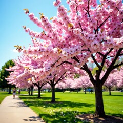 Obraz premium Scenic view of cherry blossom trees in full bloom during spring season in park, park, springtime