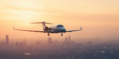 Naklejka premium Private jet soaring over cityscape at sunset with vibrant skies and urban background, capturing the essence of luxury travel and metropolitan life