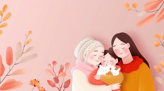 Mother's day Illustration of a Grandmother, Mother, and Child Embracing with Cats Surrounded by Autumn Leaves and Flowers on a Soft Pink Background