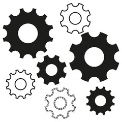 Industrial gear shapes. Black white cogs. Mechanical wheel form. Vector engineering symbol.