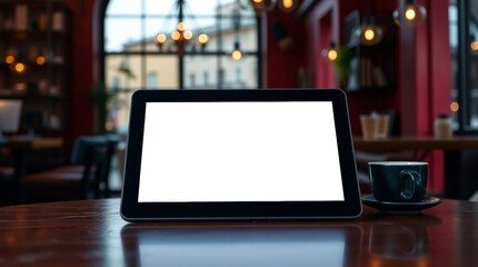 Modern coffee shop scene featuring a tablet with a blank screen and cup