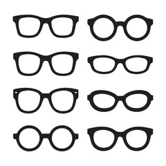 A vector illustration of eight different styles of eyeglasses silhouettes arranged in two horizontal rows.