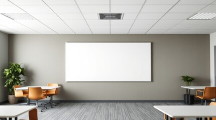 Modern office break room interior featuring a blank whiteboard and seating