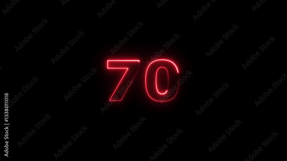 Poster neon text 70 number countdown icon background 4k animation .neon number 67 with alpha channel, neon 