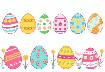 Set of simple line icons and flat vector illustrations of decorated Easter eggs, festive, spring symbols