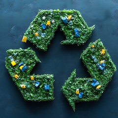 Recycle Symbol Made of Leaves and Plastic Waste on Dark Background