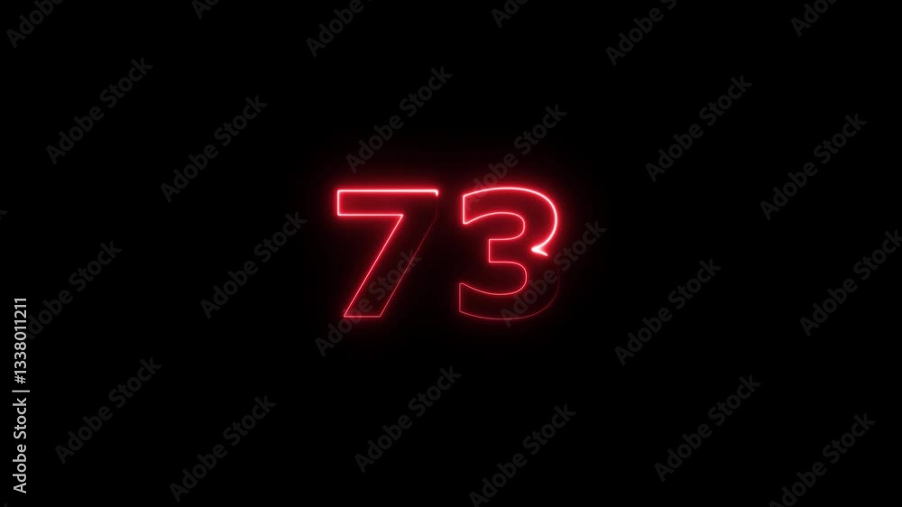 Poster neon text 73 number countdown icon background 4k animation .neon number 73 with alpha channel, neon 