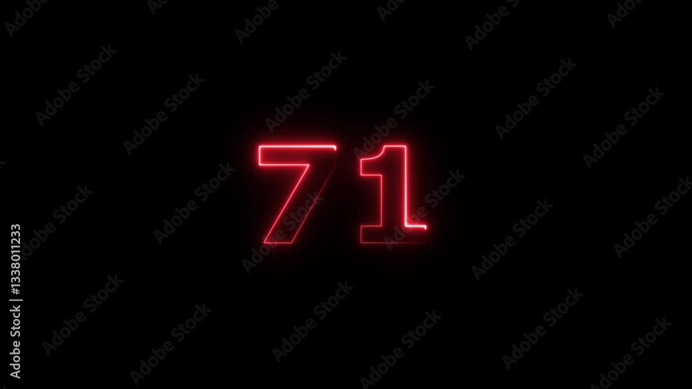 Poster neon text 71 number countdown icon background 4k animation .neon number 71 with alpha channel, neon 