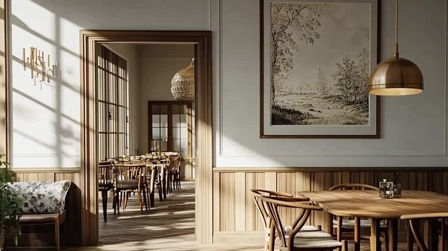 Sunlit dining room with wooden table, chairs, and  large framed art.