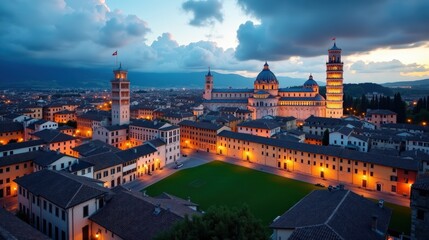 Fototapeta premium Pisa, Italy, at dusk with a partly cloudy sky, viewed from a panoramic perspective. Historic architecture and the Leaning Tower glow in warm evening light, creating a serene ambiance.